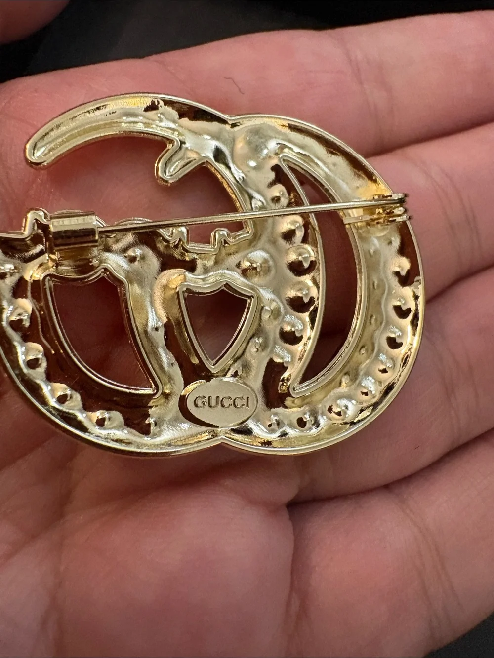 New with box Gucci Gold tone Crystal Double G Brooch